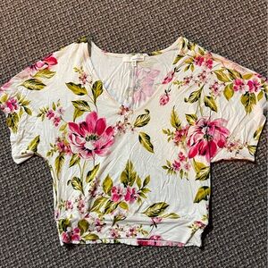 June & Hudson Floral V-Neck Crop Top - Pink and Green